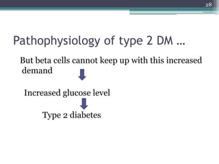 Pathophysiology of type 2 DM …
But beta cells cannot keep up with this increased
demand
Increased glucose level
Type 2 diabetes
28
 