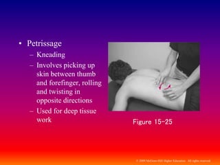 © 2009 McGraw-Hill Higher Education. All rights reserved
• Petrissage
– Kneading
– Involves picking up
skin between thumb
and forefinger, rolling
and twisting in
opposite directions
– Used for deep tissue
work Figure 15-25
 