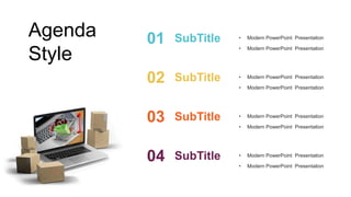 Agenda
Style
SubTitle
01 • Modern PowerPoint Presentation
• Modern PowerPoint Presentation
SubTitle
02 • Modern PowerPoint Presentation
• Modern PowerPoint Presentation
SubTitle
03 • Modern PowerPoint Presentation
• Modern PowerPoint Presentation
SubTitle
04 • Modern PowerPoint Presentation
• Modern PowerPoint Presentation
 