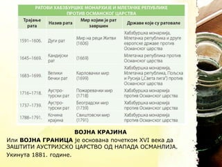 ВОЈНА КРАЈИНА
Или ВОЈНА ГРАНИЦА је основана почетком XVI века да
ЗАШТИТИ АУСТРИЈСКО ЦАРСТВО ОД НАПАДА ОСМАНЛИЈА.
Укинута 1881. године.
 