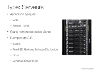 Type: Serveurs
• Application typiques :
• web
• fichiers – email
• Grand nombre de petites tâches
• Exemples de S.E. :
• Solaris
• FreeBSD (Berkeley Software Distribution)
• Linux
• Windows Server 20xx
Crédit: P. Giguère
Catégorie : Serveurs
Application typiques :
– web
– fichiers
– email
Grand nombre de petites tâches
Exemples de S.E. :
– Solaris
– FreeBSD (Berkeley Software Distribution)
– Linux
 