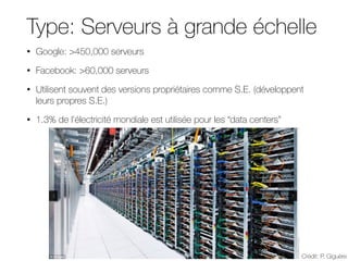 Type: Serveurs à grande échelle
• Google: >450,000 serveurs
• Facebook: >60,000 serveurs
• Utilisent souvent des versions propriétaires comme S.E. (développent
leurs propres S.E.)
• 1.3% de l’électricité mondiale est utilisée pour les “data centers”
Crédit: P. Giguère
 