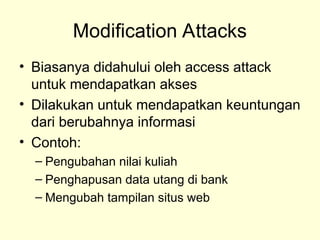 Modification Attacks
• Biasanya didahului oleh access attack
untuk mendapatkan akses
• Dilakukan untuk mendapatkan keuntungan
dari berubahnya informasi
• Contoh:
– Pengubahan nilai kuliah
– Penghapusan data utang di bank
– Mengubah tampilan situs web
 
