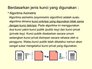 Berdasarkan jenis kunci yang digunakan :
 Algoritma Asimetris
Algoritma asimetris (asymmetric algorithm) adalah suatu
algoritma dimana kunci enkripsi yang digunakan tidak sama
dengan kunci dekripsi. Pada algoritma ini menggunakan
dua kunci yakni kunci publik (public key) dan kunci privat
(private key). Kunci publik disebarkan secara umum
sedangkan kunci privat disimpan secara rahasia oleh si
pengguna. Walau kunci publik telah diketahui namun akan
sangat sukar mengetahui kunci privat yang digunakan.
 