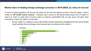 Market share of leading foreign exchange currencies in 2019/2022, by value of turnover
•In terms of global liquidity and all over the place, by far the most utilized currency is the U.S. dollar – known
widely as ‘the world’s reserve currency’ – because every country on the planet keeps large sums of dollars in
reserve in order to make hard currency trades on majority commodities like oil, gas, grain and gold. Most
transactions involve U.S. dollars on one side.
– the U.S. dollar is a vehicle currency. (the Bretton Woods Agreement established that the central banks
would maintain fixed exchange rates between their currencies and the dollar. )
 
