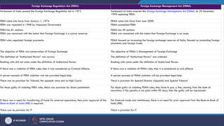 Foreign Exchange Regulation Act (FERA) Foreign Exchange Management Act (FEMA)
Parliament of India passed the Foreign Exchange Regulation Act in 1973 Parliament of India enacted the Foreign Exchange Management Act (FEMA) on 29 December
1999 replacing FERA.
FERA came into force from January 1, 1974. FEMA came into force from June 2000.
FERA was repealed in 1998 by Vajpayee Government FEMA succeeded FERA
FERA has 81 sections FEMA has 49 sections
FERA was conceived with the notion that Foreign Exchange is a scarce resource. FEMA was conceived with the notion that Foreign Exchange is an asset.
FERA rules regulated foreign payments. FEMA focused on increasing the foreign exchange reserves of India, focused on promoting foreign
payments and foreign trade.
The objective of FERA was conservation of Foreign Exchange The objective of FEMA is Management of Foreign Exchange
The definition of “Authorized Person” was narrow. The definition of “Authorized Person” was widened
Banking units did not come under the definition of Authorized Person. Banking units came under the definition of Authorized Person.
If there was a violation of FERA rules, then it was considered as Criminal offence. If there was a violation of FEMA rules, then it is considered as civil offence
A person accused of FERA violation was not provided legal help. A person accused of FEMA violation will be provided legal help.
There was no provision for Tribunal, the appeals were sent to High Courts There is provision for Special Director (Appeals) and Special Tribunal
For those guilty of violating FERA rules, there was provision for direct punishment. For those guilty of violating FEMA rules, they have to pay a fine, starting from the date of
conviction, if the penalty is not paid within 90 days, then the guilty will be imprisoned.
If there was a need for transferring of funds for external operations, then prior approval of the
Reserve Bank of India (RBI) is required.
For External trade and remittances, there is no need for prior approval from the Reserve Bank of
India (RBI).
There was no provision for IT There is provision for IT
 