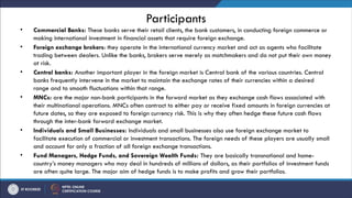 Participants
• Commercial Banks: These banks serve their retail clients, the bank customers, in conducting foreign commerce or
making international investment in financial assets that require foreign exchange.
• Foreign exchange brokers: they operate in the international currency market and act as agents who facilitate
trading between dealers. Unlike the banks, brokers serve merely as matchmakers and do not put their own money
at risk.
• Central banks: Another important player in the foreign market is Central bank of the various countries. Central
banks frequently intervene in the market to maintain the exchange rates of their currencies within a desired
range and to smooth fluctuations within that range.
• MNCs: are the major non-bank participants in the forward market as they exchange cash flows associated with
their multinational operations. MNCs often contract to either pay or receive fixed amounts in foreign currencies at
future dates, so they are exposed to foreign currency risk. This is why they often hedge these future cash flows
through the inter-bank forward exchange market.
• Individuals and Small Businesses: Individuals and small businesses also use foreign exchange market to
facilitate execution of commercial or investment transactions. The foreign needs of these players are usually small
and account for only a fraction of all foreign exchange transactions.
• Fund Managers, Hedge Funds, and Sovereign Wealth Funds: They are basically transnational and home-
country’s money managers who may deal in hundreds of millions of dollars, as their portfolios of investment funds
are often quite large. The major aim of hedge funds is to make profits and grow their portfolios.
 
