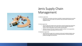 Jenis Supply Chain
Management
1. Upstream supply chain
• Perusahaan memosisikan perusahaan manufaktur sebagai penghubung atau penyalur
kepada konsumen atau reseller. Jadi, aktivitas utama perusahaan hanyalah proses
pengadaan produk.
2. Internal supply chain
• Internal supply chain adalah proses input bahan mentah ke gudang yang selanjutnya
diubah menjadi bahan dasar. Lalu, bahan dasar tersebut disalurkan secara terus-
menerus untuk menghasilkan output produksi yang berkualitas.
• Aktivitas utamanya terdiri dari manajemen produksi, pabrikasi, serta pengendalian
persediaan produk yang dilakukan oleh perusahaan.
3. Downstream supply chain
• Pada downstream supply chain, manajemen rantai pasok melakukan kegiatan yang
terdiri atas semua aktivitas pemasaran produk perusahaan, termasuk pengiriman
produk ke pelanggan atau konsumen.
 