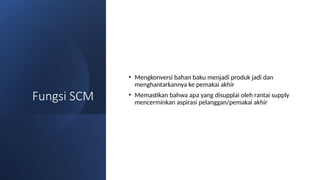 Fungsi SCM
• Mengkonversi bahan baku menjadi produk jadi dan
menghantarkannya ke pemakai akhir
• Memastikan bahwa apa yang disupplai oleh rantai supply
mencerminkan aspirasi pelanggan/pemakai akhir
 