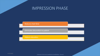 15
IMPRESSION PHASE
Reduces chair-time
Eliminates discomfort to patient
Patient education
6/22/2022
Textbook of Oral and maxillofacial rehabilitation - beumer
 
