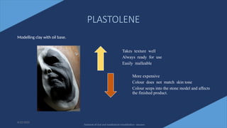 20
PLASTOLENE
Modelling clay with oil base.
6/22/2022
Takes texture well
Always ready for use
Easily malleable
More expensive
Colour does not match skin tone
Colour seeps into the stone model and affects
the finished product.
Textbook of Oral and maxillofacial rehabilitation - beumer
 