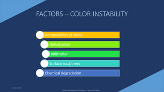 60
FACTORS – COLOR INSTABILITY
Accumulation of stains
Dehydration
Infiltration
Surface roughness
Chemical degradation
6/22/2022
Clinical Maxillofacial Prosthesis - Thomas D Taylor
 