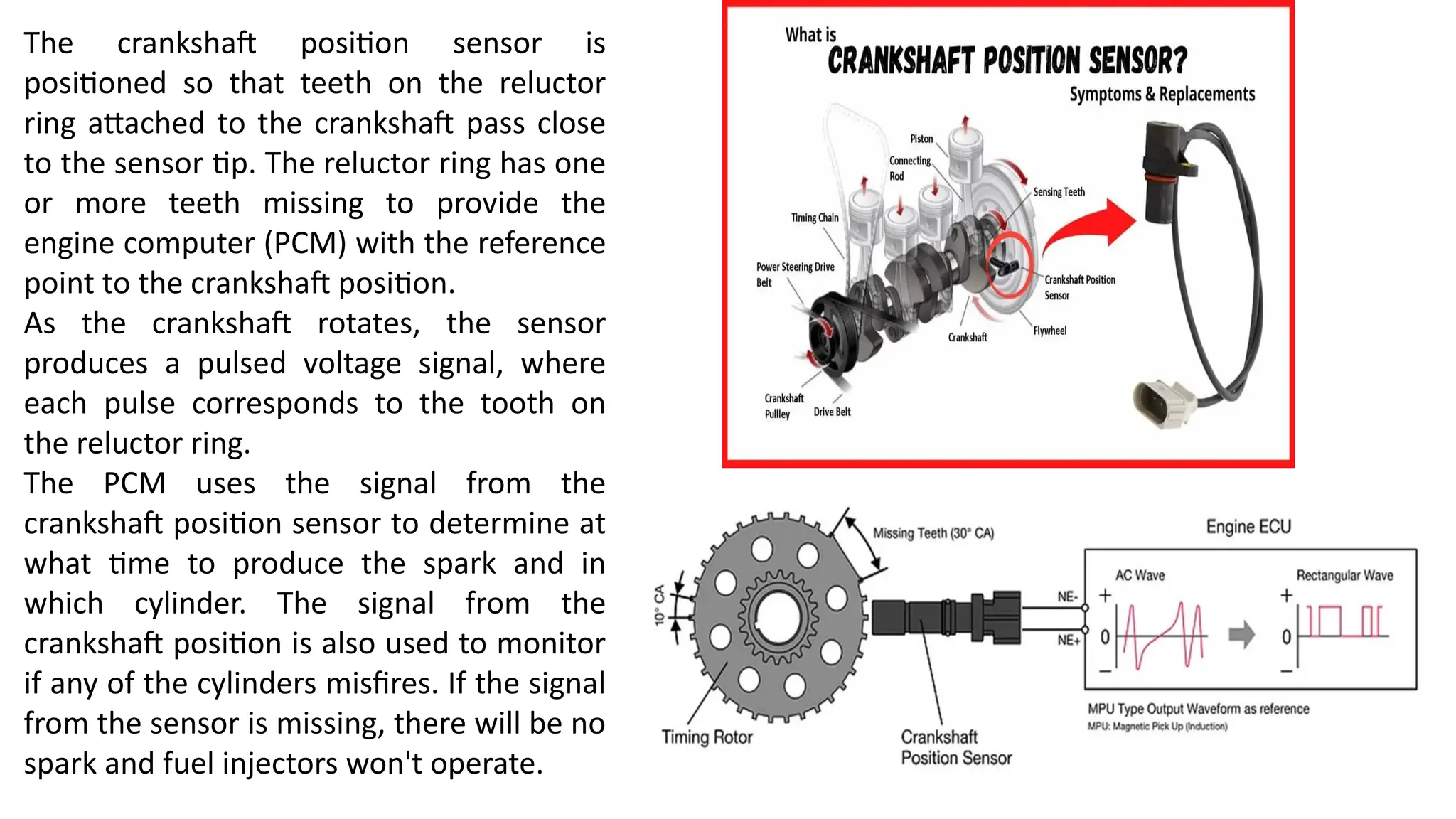 The crankshaft position sensor is
positioned so that teeth on the reluctor
ring attached to the crankshaft pass close
to the sensor tip. The reluctor ring has one
or more teeth missing to provide the
engine computer (PCM) with the reference
point to the crankshaft position.
As the crankshaft rotates, the sensor
produces a pulsed voltage signal, where
each pulse corresponds to the tooth on
the reluctor ring.
The PCM uses the signal from the
crankshaft position sensor to determine at
what time to produce the spark and in
which cylinder. The signal from the
crankshaft position is also used to monitor
if any of the cylinders misfires. If the signal
from the sensor is missing, there will be no
spark and fuel injectors won't operate.
 