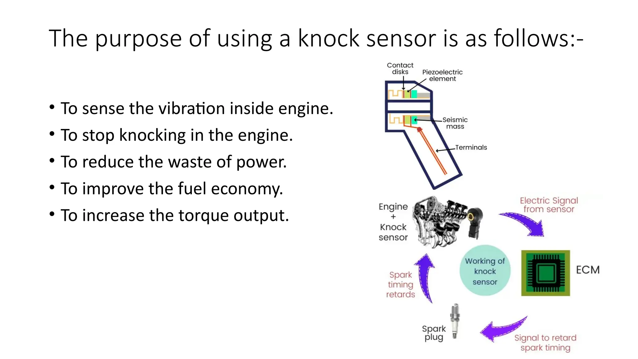 The purpose of using a knock sensor is as follows:-
• To sense the vibration inside engine.
• To stop knocking in the engine.
• To reduce the waste of power.
• To improve the fuel economy.
• To increase the torque output.
 