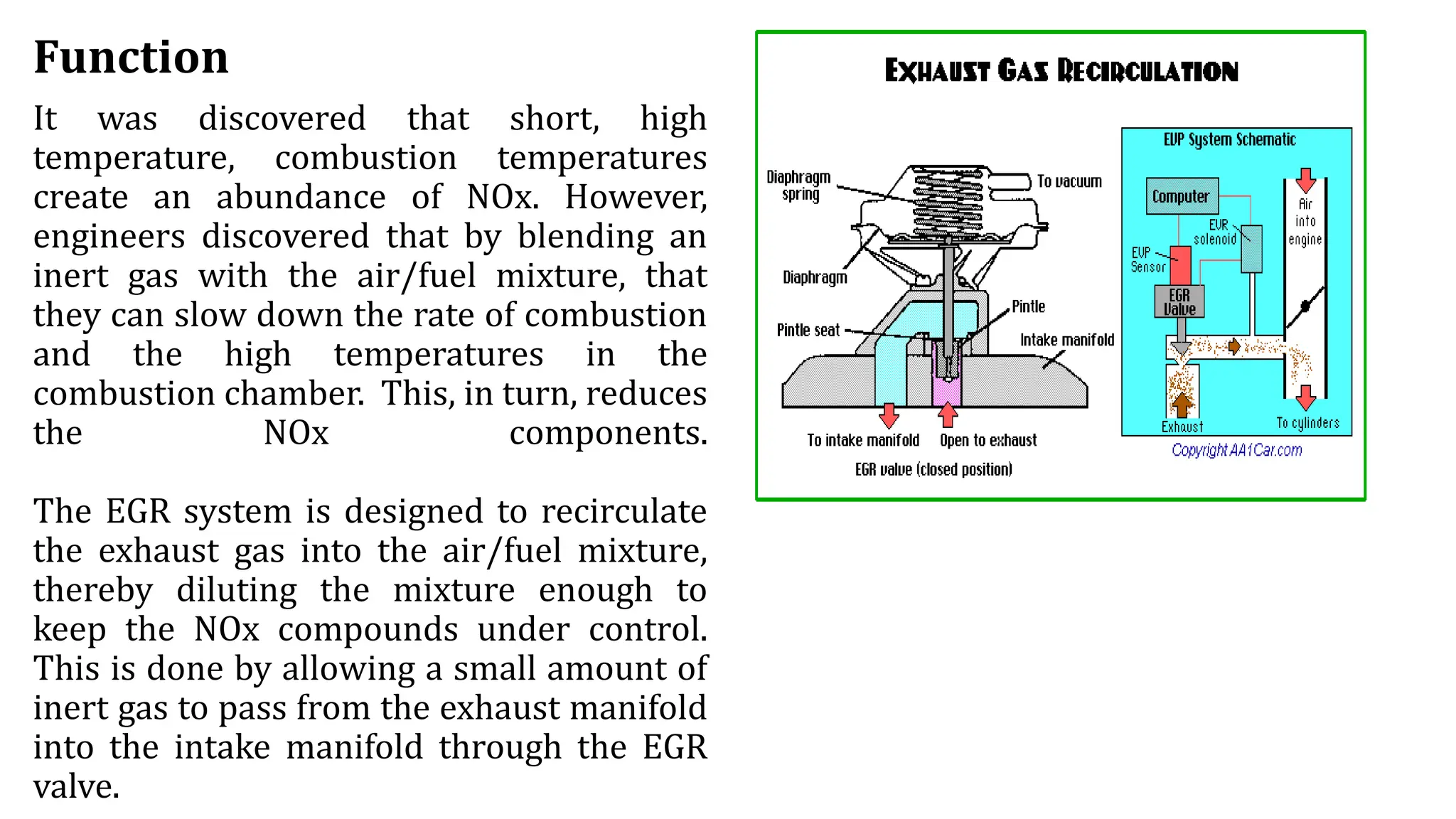 Function
It was discovered that short, high
temperature, combustion temperatures
create an abundance of NOx. However,
engineers discovered that by blending an
inert gas with the air/fuel mixture, that
they can slow down the rate of combustion
and the high temperatures in the
combustion chamber. This, in turn, reduces
the NOx components.
The EGR system is designed to recirculate
the exhaust gas into the air/fuel mixture,
thereby diluting the mixture enough to
keep the NOx compounds under control.
This is done by allowing a small amount of
inert gas to pass from the exhaust manifold
into the intake manifold through the EGR
valve.
 