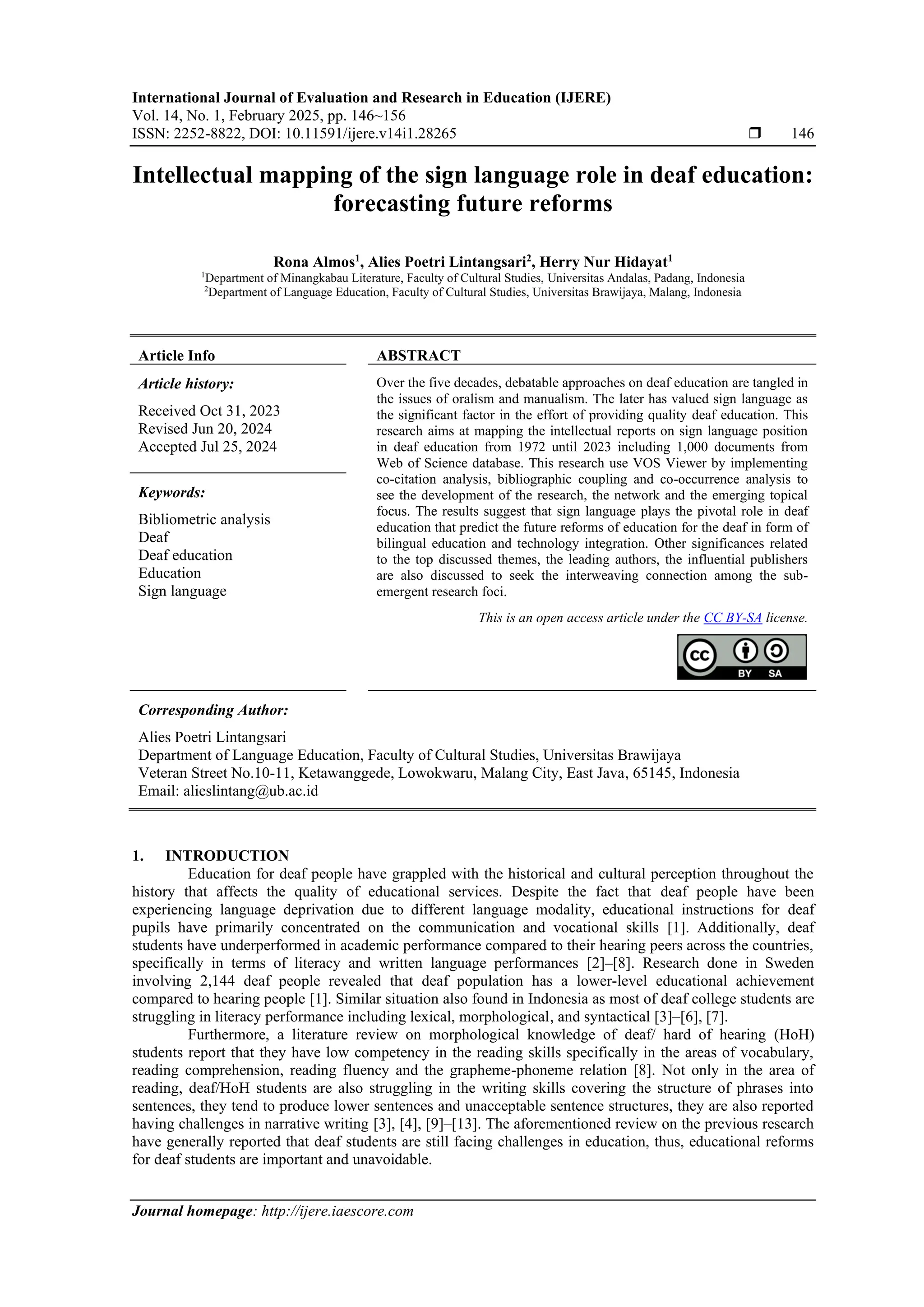 Intellectual mapping of the sign language role in deaf education ...