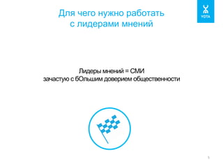 Для чего нужно работать 
с лидерами мнений 
5 
Лидеры мнений = СМИ 
зачастую с бОльшим доверием общественности 
 