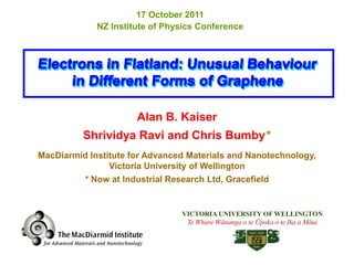17 October 2011
             NZ Institute of Physics Conference




                      Alan B. Kaiser
          Shrividya Ravi and Chris Bumby *
MacDiarmid Institute for Advanced Materials and Nanotechnology,
                Victoria University of Wellington
         * Now at Industrial Research Ltd, Gracefield


                                VICTORIA UNIVERSITY OF WELLINGTON
                                 Te Whare Wānanga o te Ūpoko o te Ika a Māui
 