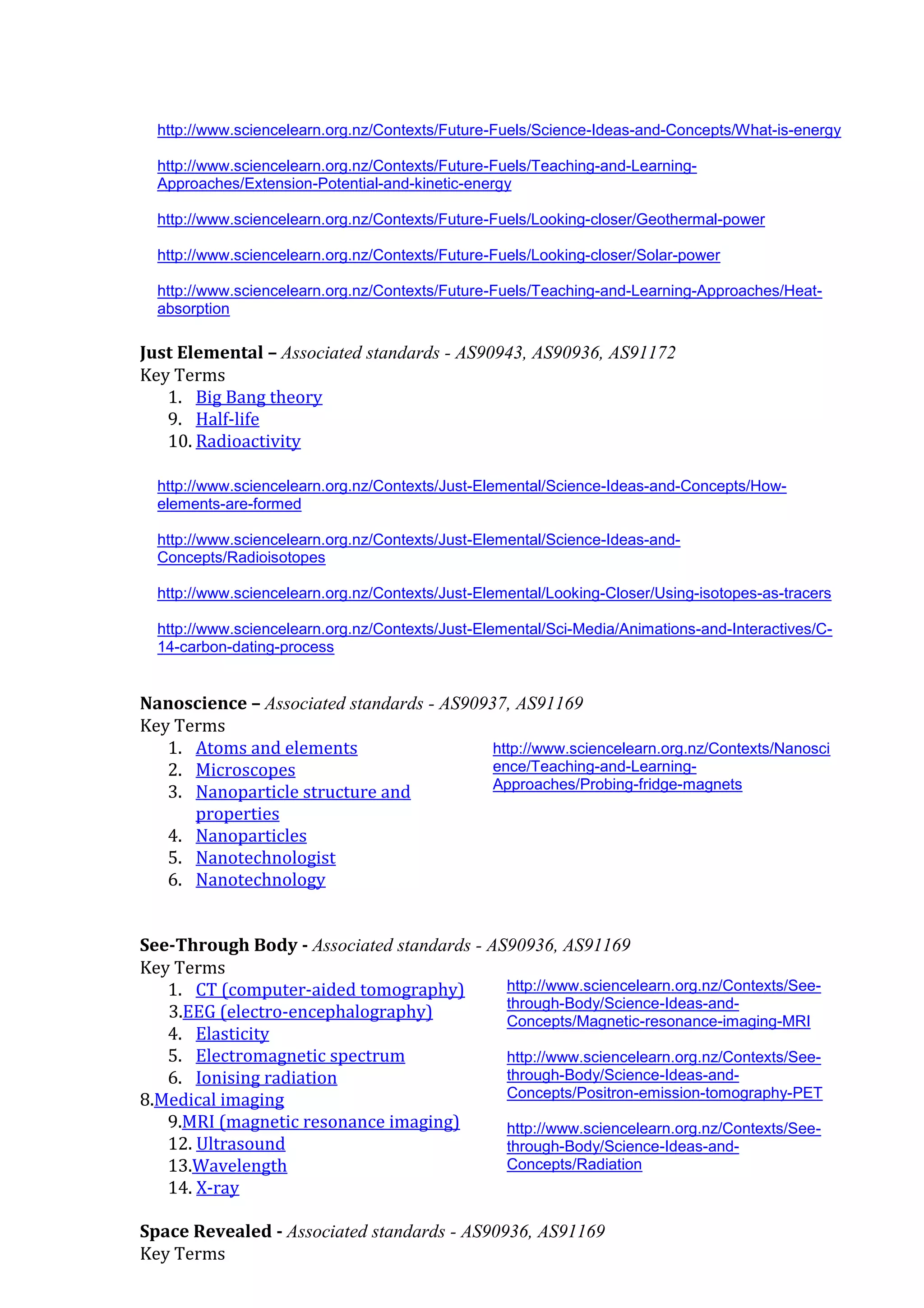 http://www.sciencelearn.org.nz/Contexts/Future-Fuels/Science-Ideas-and-Concepts/What-is-energy

  http://www.sciencelearn.org.nz/Contexts/Future-Fuels/Teaching-and-Learning-
  Approaches/Extension-Potential-and-kinetic-energy

  http://www.sciencelearn.org.nz/Contexts/Future-Fuels/Looking-closer/Geothermal-power

  http://www.sciencelearn.org.nz/Contexts/Future-Fuels/Looking-closer/Solar-power

  http://www.sciencelearn.org.nz/Contexts/Future-Fuels/Teaching-and-Learning-Approaches/Heat-
  absorption

Just Elemental – Associated standards - AS90943, AS90936, AS91172
Key Terms
   1. Big Bang theory
   9. Half-life
   10. Radioactivity

  http://www.sciencelearn.org.nz/Contexts/Just-Elemental/Science-Ideas-and-Concepts/How-
  elements-are-formed

  http://www.sciencelearn.org.nz/Contexts/Just-Elemental/Science-Ideas-and-
  Concepts/Radioisotopes

  http://www.sciencelearn.org.nz/Contexts/Just-Elemental/Looking-Closer/Using-isotopes-as-tracers

  http://www.sciencelearn.org.nz/Contexts/Just-Elemental/Sci-Media/Animations-and-Interactives/C-
  14-carbon-dating-process


Nanoscience – Associated standards - AS90937, AS91169
Key Terms
   1. Atoms and elements                   http://www.sciencelearn.org.nz/Contexts/Nanosci
   2. Microscopes                          ence/Teaching-and-Learning-
                                           Approaches/Probing-fridge-magnets
   3. Nanoparticle structure and
      properties
   4. Nanoparticles
   5. Nanotechnologist
   6. Nanotechnology


See-Through Body - Associated standards - AS90936, AS91169
Key Terms
   1. CT (computer-aided tomography)        http://www.sciencelearn.org.nz/Contexts/See-
                                            through-Body/Science-Ideas-and-
   3.EEG (electro-encephalography)          Concepts/Magnetic-resonance-imaging-MRI
   4. Elasticity
   5. Electromagnetic spectrum              http://www.sciencelearn.org.nz/Contexts/See-
   6. Ionising radiation                    through-Body/Science-Ideas-and-
8.Medical imaging                           Concepts/Positron-emission-tomography-PET
   9.MRI (magnetic resonance imaging)       http://www.sciencelearn.org.nz/Contexts/See-
   12. Ultrasound                           through-Body/Science-Ideas-and-
   13.Wavelength                            Concepts/Radiation
   14. X-ray

Space Revealed - Associated standards - AS90936, AS91169
Key Terms
 