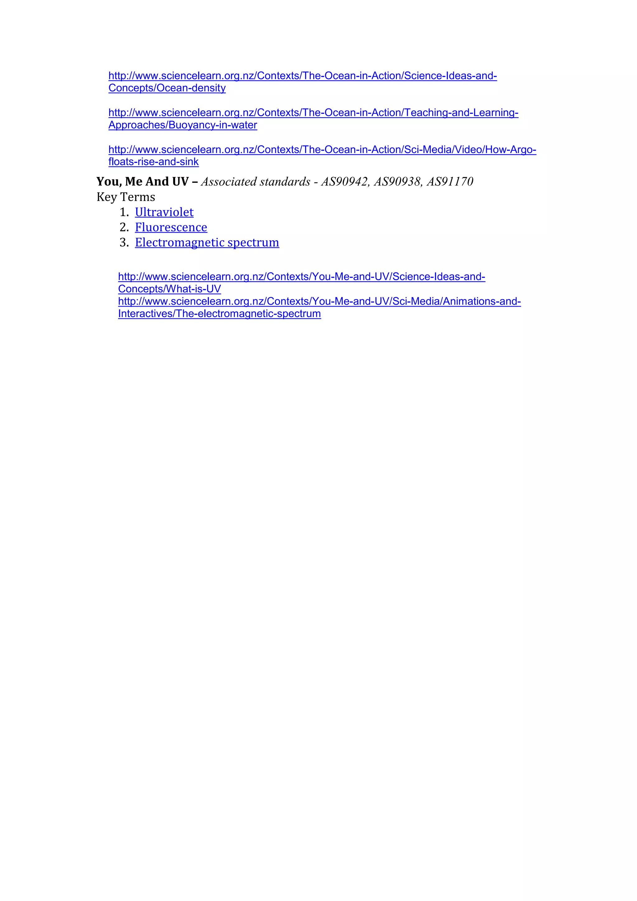 http://www.sciencelearn.org.nz/Contexts/The-Ocean-in-Action/Science-Ideas-and-
  Concepts/Ocean-density

  http://www.sciencelearn.org.nz/Contexts/The-Ocean-in-Action/Teaching-and-Learning-
  Approaches/Buoyancy-in-water

  http://www.sciencelearn.org.nz/Contexts/The-Ocean-in-Action/Sci-Media/Video/How-Argo-
  floats-rise-and-sink
You, Me And UV – Associated standards - AS90942, AS90938, AS91170
Key Terms
    1. Ultraviolet
    2. Fluorescence
    3. Electromagnetic spectrum

   http://www.sciencelearn.org.nz/Contexts/You-Me-and-UV/Science-Ideas-and-
   Concepts/What-is-UV
   http://www.sciencelearn.org.nz/Contexts/You-Me-and-UV/Sci-Media/Animations-and-
   Interactives/The-electromagnetic-spectrum
 