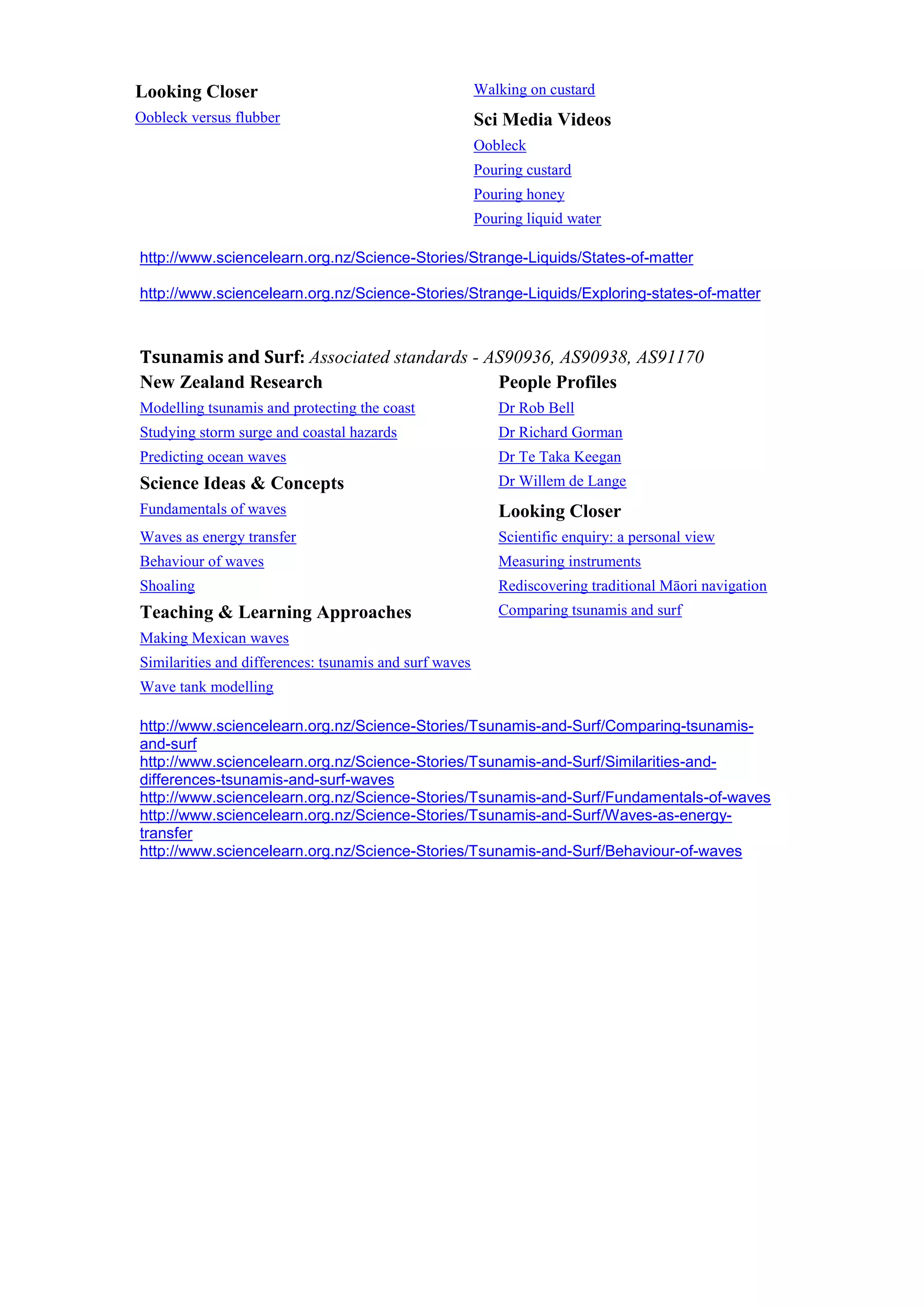 Looking Closer                                          Walking on custard
Oobleck versus flubber                                  Sci Media Videos
                                                        Oobleck
                                                        Pouring custard
                                                        Pouring honey
                                                        Pouring liquid water

http://www.sciencelearn.org.nz/Science-Stories/Strange-Liquids/States-of-matter

http://www.sciencelearn.org.nz/Science-Stories/Strange-Liquids/Exploring-states-of-matter



Tsunamis and Surf: Associated standards - AS90936, AS90938, AS91170
New Zealand Research                       People Profiles
Modelling tsunamis and protecting the coast                Dr Rob Bell
Studying storm surge and coastal hazards                   Dr Richard Gorman
Predicting ocean waves                                     Dr Te Taka Keegan
Science Ideas & Concepts                                   Dr Willem de Lange
Fundamentals of waves                                      Looking Closer
Waves as energy transfer                                   Scientific enquiry: a personal view
Behaviour of waves                                         Measuring instruments
Shoaling                                                   Rediscovering traditional Māori navigation
Teaching & Learning Approaches                             Comparing tsunamis and surf
Making Mexican waves
Similarities and differences: tsunamis and surf waves
Wave tank modelling

http://www.sciencelearn.org.nz/Science-Stories/Tsunamis-and-Surf/Comparing-tsunamis-
and-surf
http://www.sciencelearn.org.nz/Science-Stories/Tsunamis-and-Surf/Similarities-and-
differences-tsunamis-and-surf-waves
http://www.sciencelearn.org.nz/Science-Stories/Tsunamis-and-Surf/Fundamentals-of-waves
http://www.sciencelearn.org.nz/Science-Stories/Tsunamis-and-Surf/Waves-as-energy-
transfer
http://www.sciencelearn.org.nz/Science-Stories/Tsunamis-and-Surf/Behaviour-of-waves
 