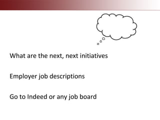 What are the next, next initiatives
Employer job descriptions
Go to Indeed or any job board
 