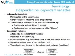 Human-Computer Interaction Course 2014: Lecture 5
Terminology:
Independent vs. dependent variables
Lora Aroyo, Web & Media Group 28
 