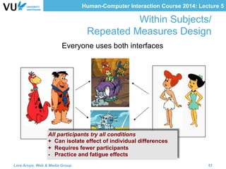 Human-Computer Interaction Course 2014: Lecture 5
Within Subjects/
Repeated Measures Design
Everyone uses both interfaces
All participants try all conditions
+ Can isolate effect of individual differences
+ Requires fewer participants
- Practice and fatigue effects
Lora Aroyo, Web & Media Group 51
 