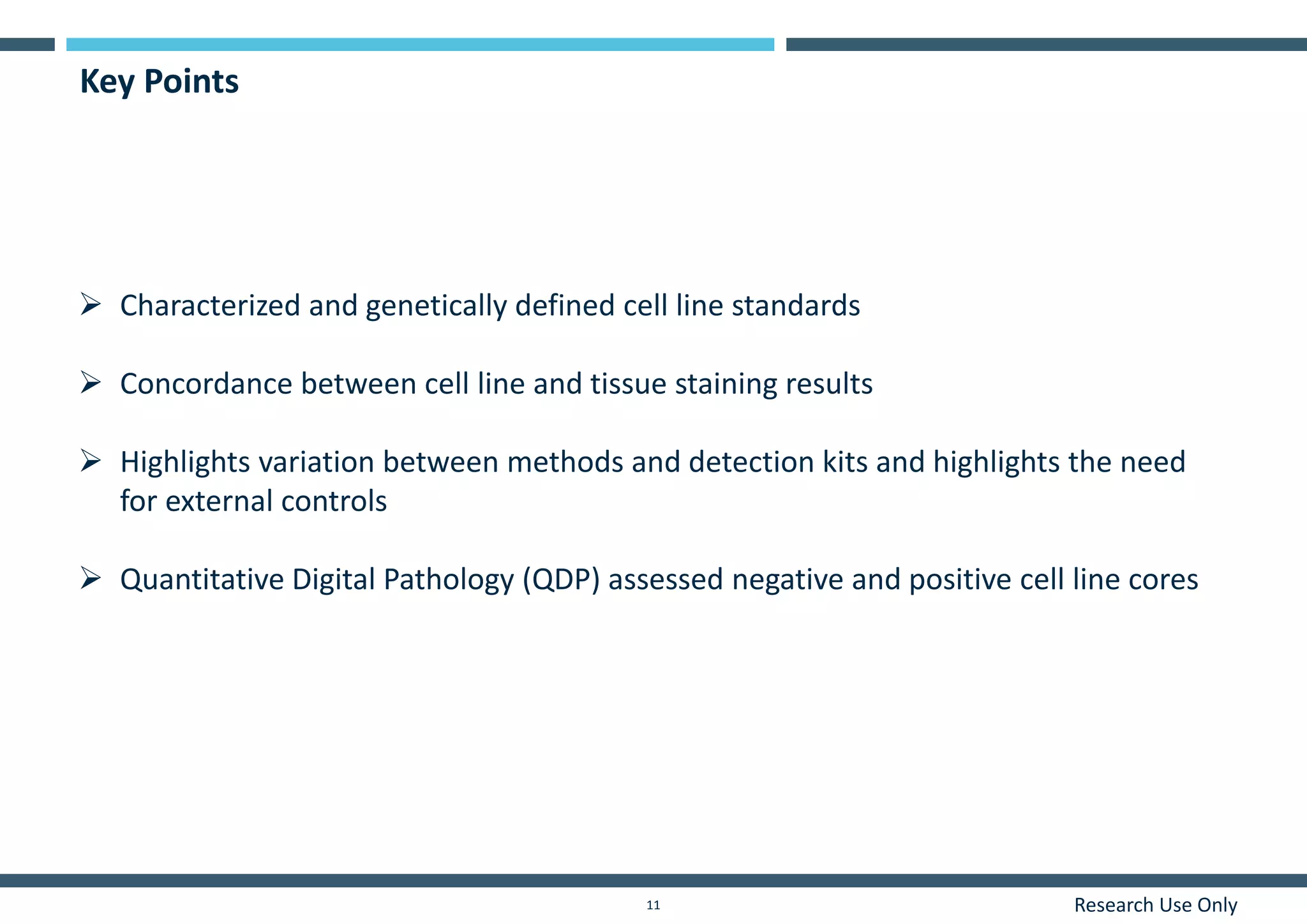 Research Use Only11
Key Points
 Characterized and genetically defined cell line standards
 Concordance between cell line and tissue staining results
 Highlights variation between methods and detection kits and highlights the need
for external controls
 Quantitative Digital Pathology (QDP) assessed negative and positive cell line cores
 