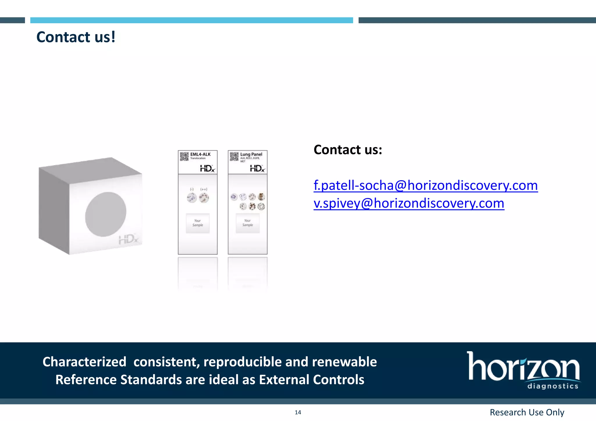 Research Use Only14
Contact us!
Characterized consistent, reproducible and renewable
Reference Standards are ideal as External Controls
Characterized consistent, reproducible and renewable
Reference Standards are ideal as External Controls
Contact us:
f.patell-socha@horizondiscovery.com
v.spivey@horizondiscovery.com
 