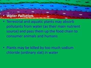 Soil contamination Causes cancers including leukaemia Lead in soil is especially hazardous for young children causing developmental damage to the brain Also causes headaches, nausea, fatigue, eye irritation and skin rash Mercury can increase the risk of kidney damage; cyclodienes can lead to liver toxicity Causes neuromuscular blockage as well as depression of the central nervous system 