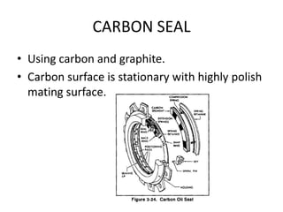 CARBON SEAL
• Using carbon and graphite.
• Carbon surface is stationary with highly polish
  mating surface.
 