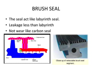 BRUSH SEAL
• The seal act like labyrinth seal.
• Leakage less than labyrinth
• Not wear like carbon seal
 