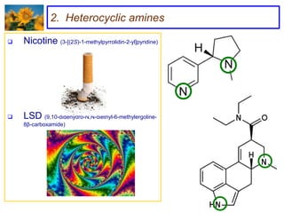 2. Heterocyclic amines

   Nicotine (3-[(2S)-1-methylpyrrolidin-2-yl]pyridine)




   LSD (9,10-didehydro-N,N-diethyl-6-methylergoline-
    8β-carboxamide)
 