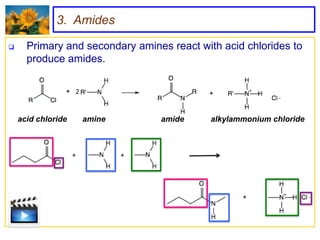 3. Amides

     Primary and secondary amines react with acid chlorides to
      produce amides.

                    2



    acid chloride       amine    amide      alkylammonium chloride
 