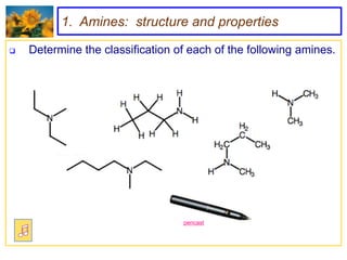 1. Amines: structure and properties

   Determine the classification of each of the following amines.




                                  pencast
 