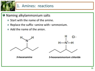 21
1. Amines: reactions
Naming alkylammonium salts
Start with the name of the amine.
Replace the suffix –amine with –ammonium.
Add the name of the anion.
3-hexanamine 3-hexanammonium chloride
 