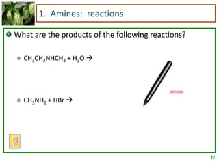 22
1. Amines: reactions
What are the products of the following reactions?
CH3CH2NHCH3 + H2O 
CH3NH2 + HBr 
pencast
 