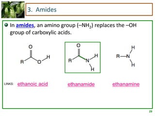 29
3. Amides
In amides, an amino group (–NH2) replaces the –OH
group of carboxylic acids.
ethanamideethanoic acid ethanamineLINKS:
 
