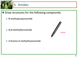 35
3. Amides
Draw structures for the following compounds.
N-methylpropanamide
N,N-diethylbenzamide
3-bromo-4-methylhexanamide
pencast
 