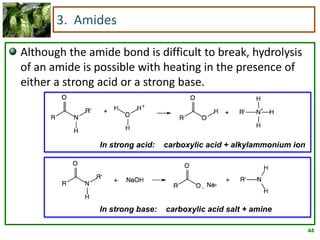 44
3. Amides
Although the amide bond is difficult to break, hydrolysis
of an amide is possible with heating in the presence of
either a strong acid or a strong base.
In strong acid: carboxylic acid + alkylammonium ion
In strong base: carboxylic acid salt + amine
 