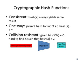 12
Cryptographic Hash Functions
• Consistent: hash(X) always yields same
result
• One-way: given Y, hard to find X s.t. hash(X)
= Y
• Collision resistant: given hash(W) = Z,
hard to find X such that hash(X) = Z
Hash Fn
Message of arbitrary length
Fixed Size
Hash
 