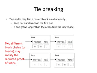 Tie breaking
• Two nodes may find a correct block simultaneously.
– Keep both and work on the first one
– If one grows longer than the other, take the longer one
Two different
block chains (or
blocks) may
satisfy the
required proof-
of-work.
 