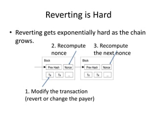 Reverting is Hard
• Reverting gets exponentially hard as the chain
grows.
1. Modify the transaction
(revert or change the payer)
2. Recompute
nonce
3. Recompute
the next nonce
 