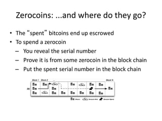 Zerocoins: ...and where do they go?
• The “spent” bitcoins end up escrowed
• To spend a zerocoin
– You reveal the serial number
– Prove it is from some zerocoin in the block chain
– Put the spent serial number in the block chain
 