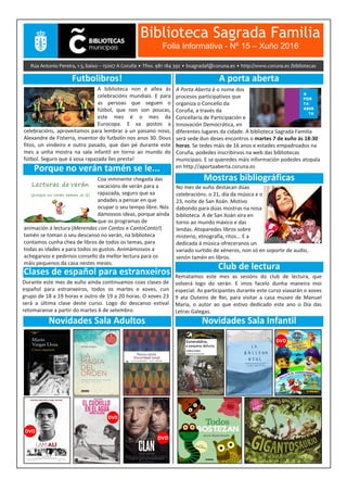 Biblioteca Sagrada Familia
Folla Informativa - Nº 15 – Xuño 2016
 
