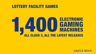 LOTTERY FACILITY GAMES
1,400MACHINES
GAMING
ELECTRONIC
ALL CLASS 3, ALL THE LATEST RELEASES
 