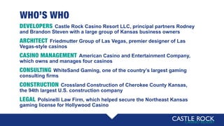 WHO’S WHO
DEVELOPERS Castle Rock Casino Resort LLC, principal partners Rodney
and Brandon Steven with a large group of Kansas business owners
ARCHITECT Friedmutter Group of Las Vegas, premier designer of Las
Vegas-style casinos
CASINO MANAGEMENT American Casino and Entertainment Company,
which owns and manages four casinos
CONSULTING WhiteSand Gaming, one of the country’s largest gaming
consulting firms
CONSTRUCTION Crossland Construction of Cherokee County Kansas,
the 94th largest U.S. construction company
LEGAL Polsinelli Law Firm, which helped secure the Northeast Kansas
gaming license for Hollywood Casino
 