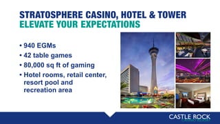 STRATOSPHERE CASINO, HOTEL & TOWER
ELEVATE YOUR EXPECTATIONS
• 940 EGMs
• 42 table games
• 80,000 sq ft of gaming
• Hotel rooms, retail center,
• resort pool and • • •
• recreation area
 