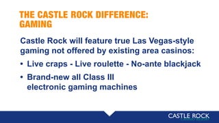 THE CASTLE ROCK DIFFERENCE:
GAMING
Castle Rock will feature true Las Vegas-style
gaming not offered by existing area casinos:
• Live craps - Live roulette - No-ante blackjack
• Brand-new all Class III
electronic gaming machines
 